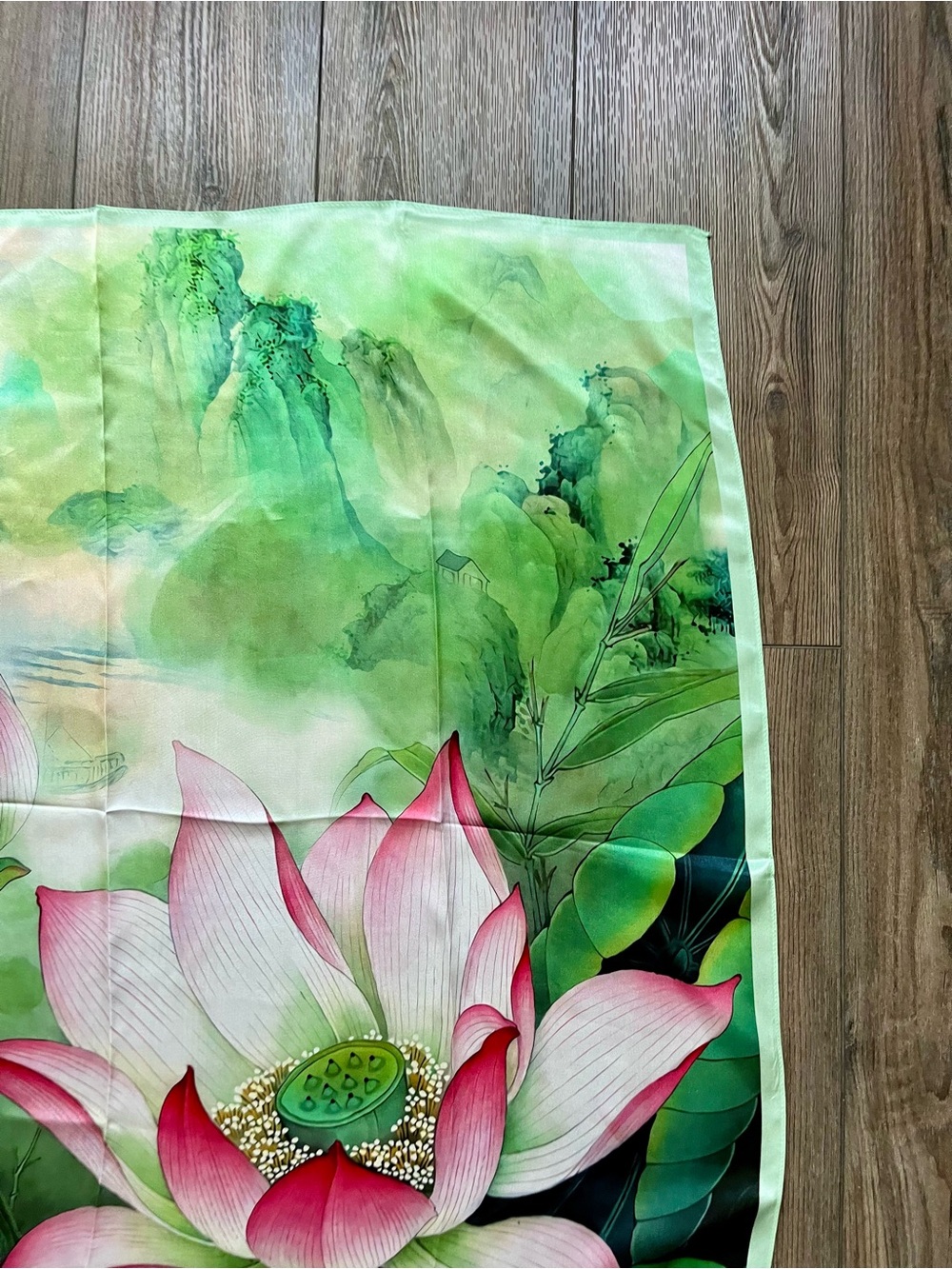100% silk Florals  Lotus Silk Scarf with Pink & Green Watercolor Design - Picture 2 of 10